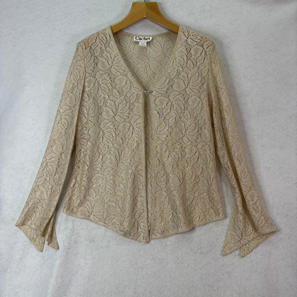 Vtg Cachet Gold Metallic Lace Rhinestone Clasp Cardigan Womens 14 Glam Holiday